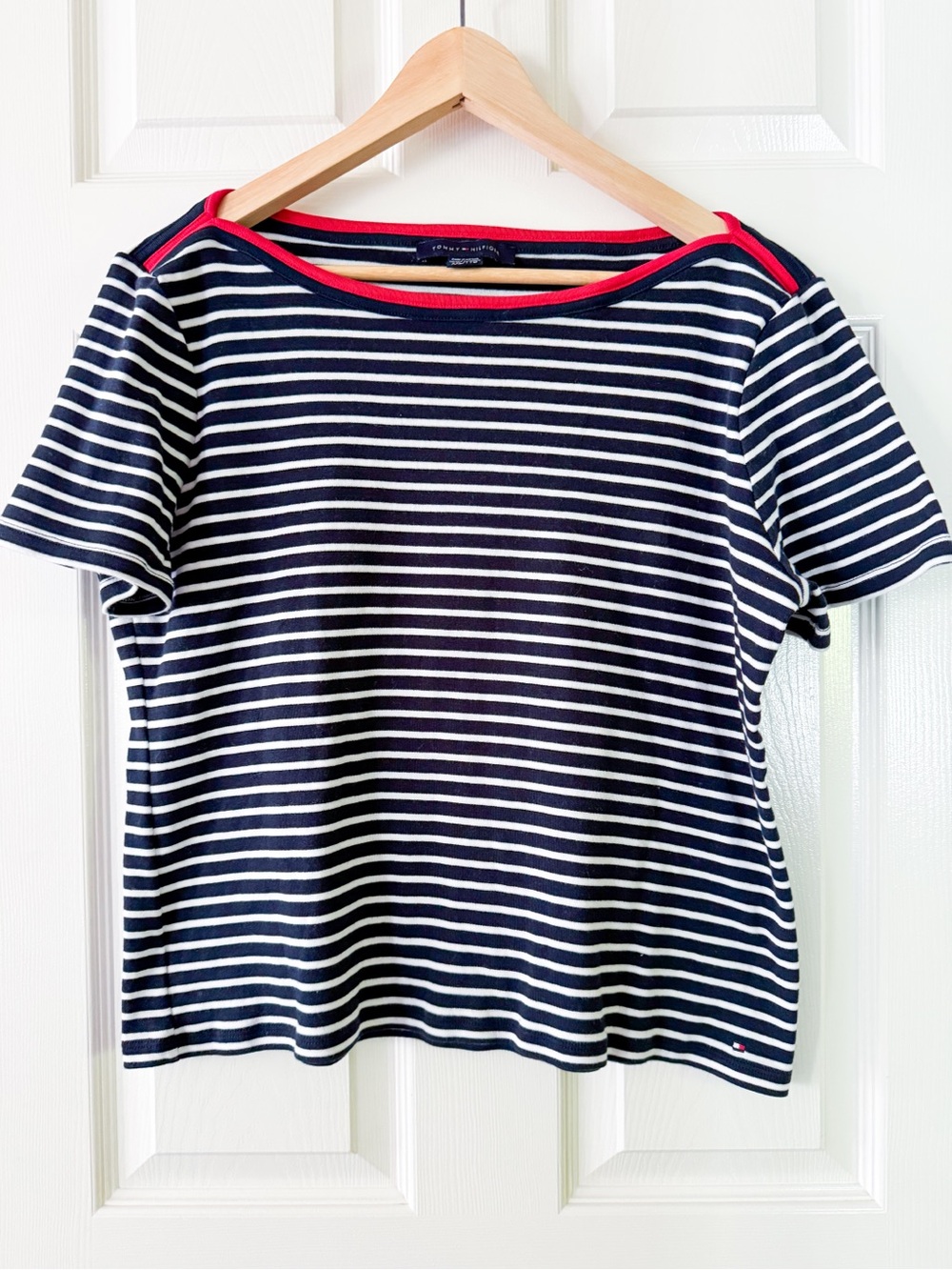 Tommy Hilfiger Women's Striped Cotton Boat Neck Tee Fits L